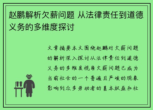 赵鹏解析欠薪问题 从法律责任到道德义务的多维度探讨